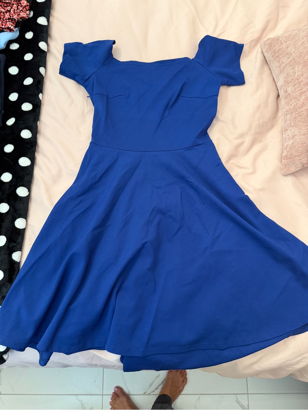 Off-Shoulder Fit & Flare Midi Dress in Cobalt Blue